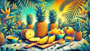 Une image vibrante d'ananas frais et juteux présentés de manière attrayante. Les ananas doivent être entiers et certains doivent être coupés en tranches pour révéler le fruit.