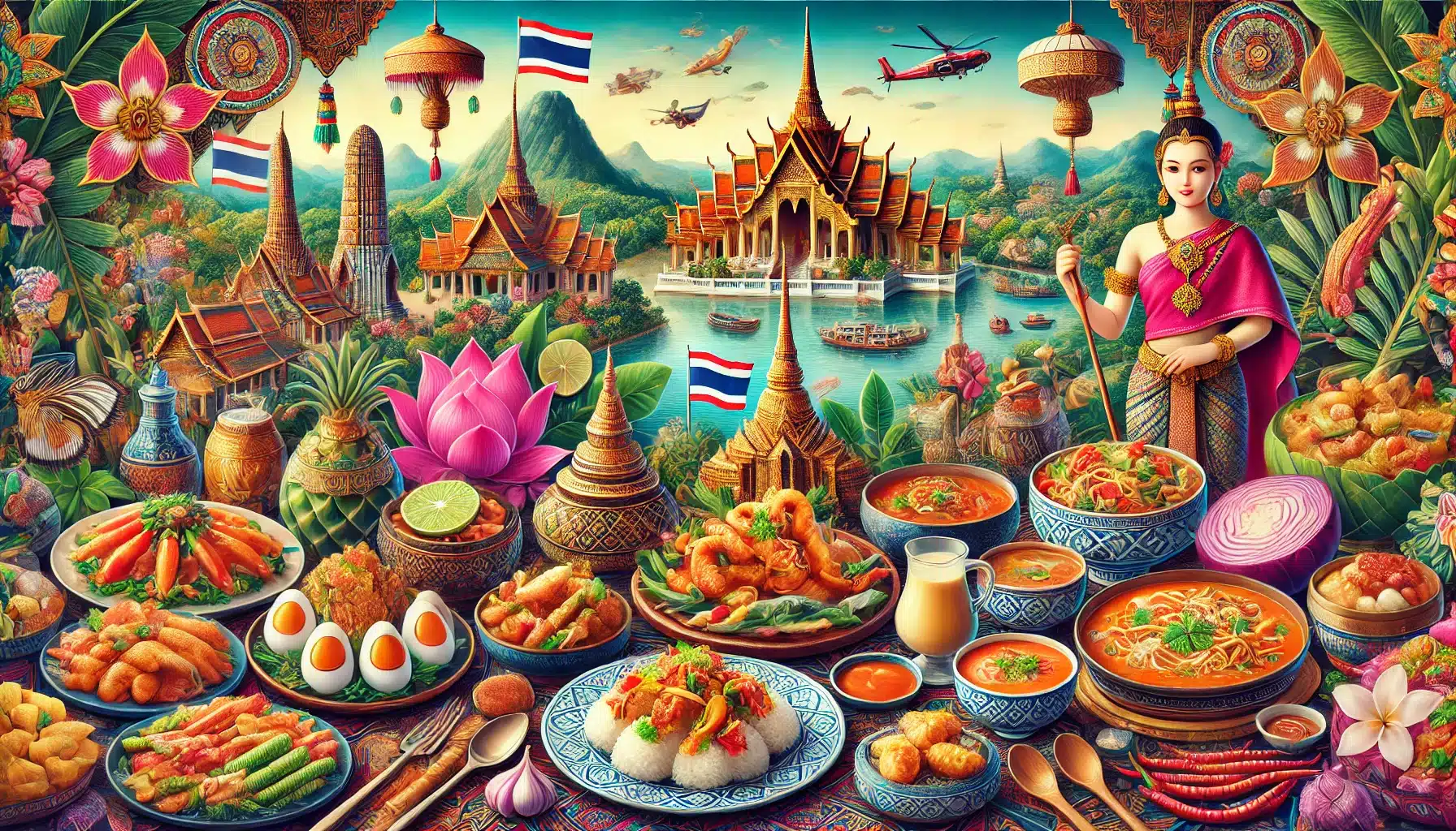Un aperçu vibrant de la diversité culinaire de la Thaïlande, mettant en avant des plats traditionnels de chaque région : riz gluant du nord, salade de papaye verte du nord-est, curry de fruits de mer du sud, pad thaï des plaines centrales et desserts colorés de Bangkok.