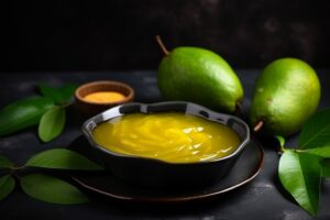 Mangue verte fraîche avec trempette de sauce de poisson sucrée sur la surface foncée.