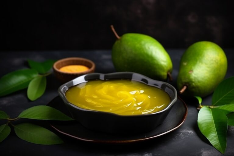 Notre Blog 4 Mangue verte fraîche avec trempette de sauce de poisson sucrée sur la surface foncée.
