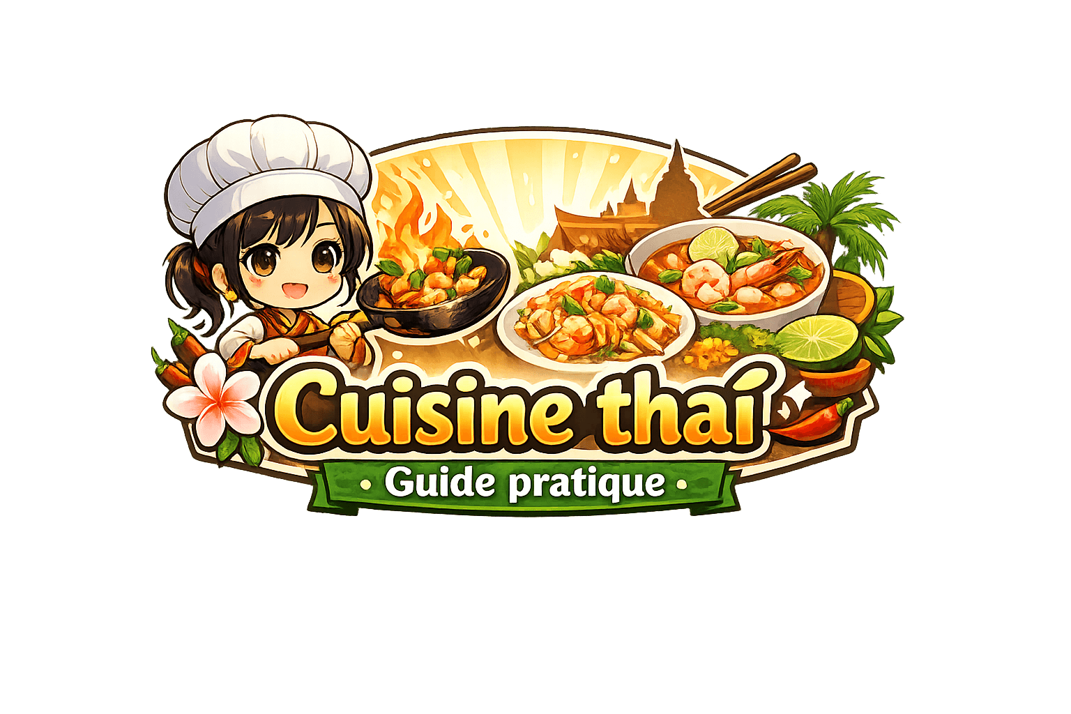 Ingrédients thaïlandais : guide pratique pour bien commencer 1 Badge illustré en style manga avec le texte « Cuisine thaï • Guide pratique », mettant en scène une petite cuisinière, un wok, des plats thaïs, des piments, du citron vert et des éléments décoratifs inspirés de la Thaïlande.
