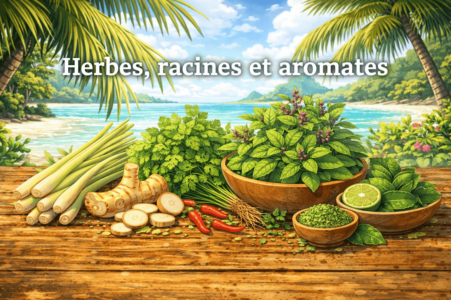 Ingrédients thaïlandais : guide pratique pour bien commencer 12 Illustration en format 16:9 dans un style manga représentant plusieurs herbes, racines et aromates de la cuisine thaï, avec le texte « Herbes, racines et aromates » affiché sur l’image. On y voit notamment de la citronnelle, du galanga, de la coriandre, du basilic thaï et des feuilles de combava dans une ambiance tropicale.