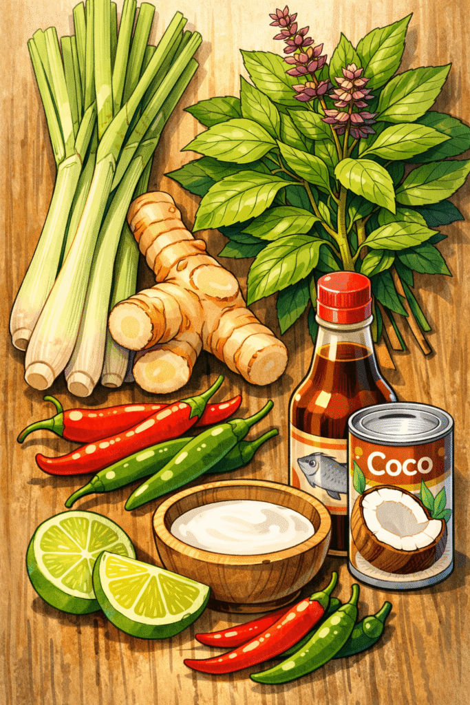 Illustration verticale en style manga représentant des ingrédients essentiels de la cuisine thaïlandaise : citronnelle, galanga, basilic thaï, piments, sauce poisson et lait de coco, disposés sur un fond en bois.