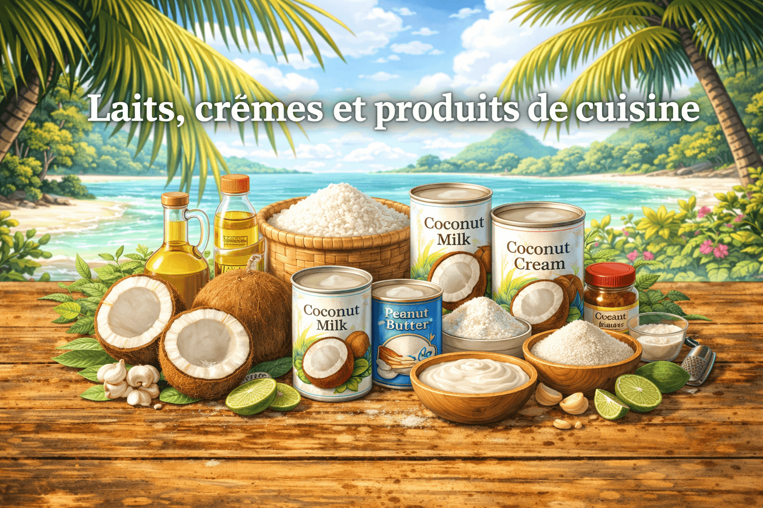 Ingrédients thaïlandais : guide pratique pour bien commencer 16 Illustration en format 16:9 dans un style manga représentant des laits, crèmes et produits de cuisine utilisés en cuisine thaï, avec le texte « Laits, crèmes et produits de cuisine » affiché sur l’image. On y voit notamment du lait de coco, de la crème de coco et d’autres bases utiles dans une ambiance tropicale.