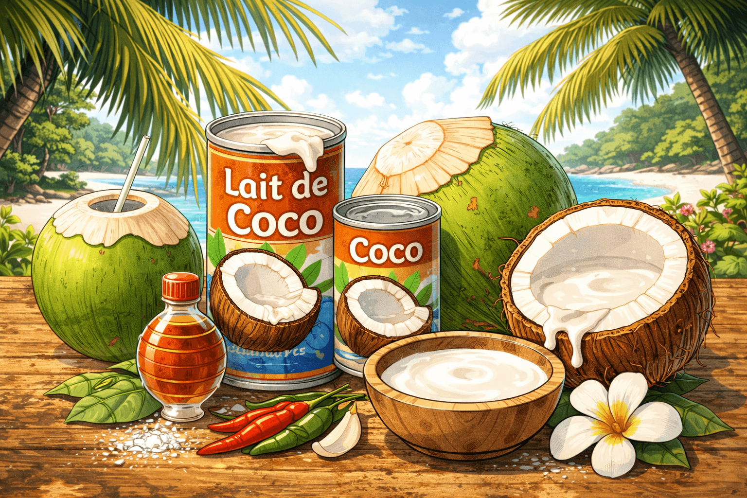 Illustration en format 16:9 dans un style manga représentant du lait de coco, des noix de coco ouvertes et entières, des boîtes de lait de coco et un bol de crème de coco, posés sur une table en bois dans un décor tropical.