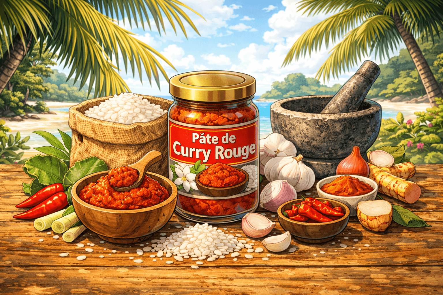 Illustration en format 16:9 dans un style manga représentant de la pâte de curry rouge thaïlandaise dans un petit bol, entourée de piments rouges, d’ail, de citronnelle, de galanga et d’épices, sur une table en bois dans une ambiance tropicale.