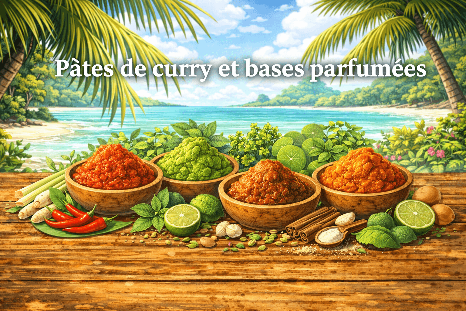 Ingrédients thaïlandais : guide pratique pour bien commencer 14 Illustration en format 16:9 dans un style manga représentant plusieurs pâtes de curry thaï, avec le texte « Pâtes de curry et bases parfumées » affiché sur l’image. On y voit notamment du curry rouge, du curry vert, du curry massaman et du curry panang dans une ambiance tropicale.