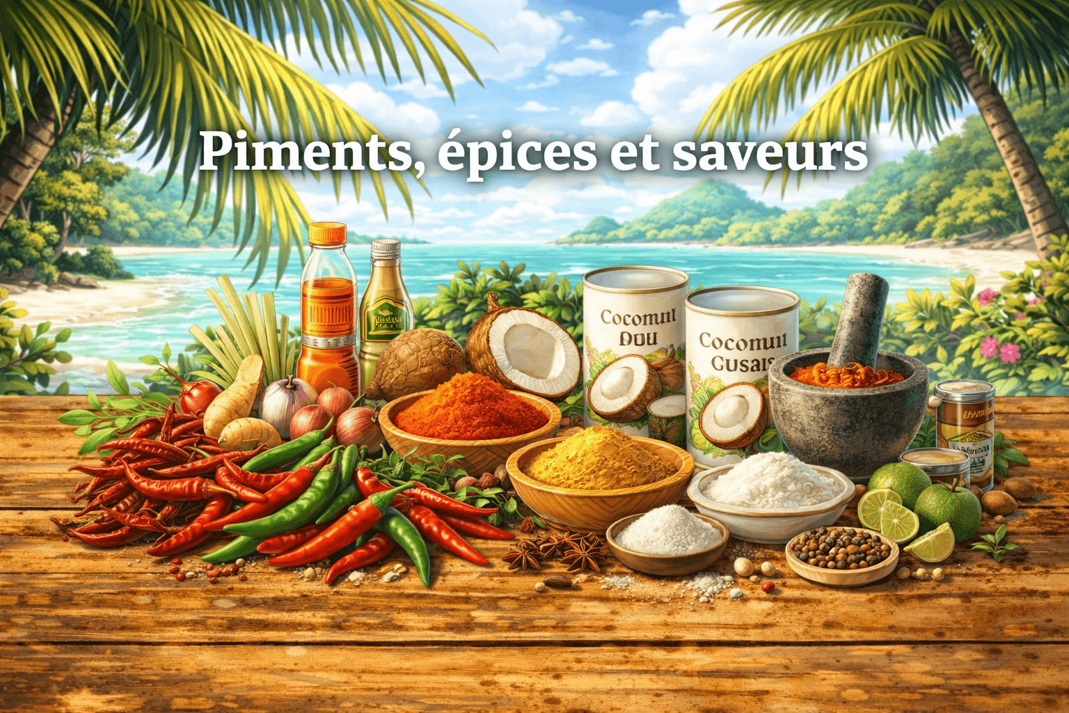 Ingrédients thaïlandais : guide pratique pour bien commencer 17 Illustration en format 16:9 dans un style manga représentant des piments, des épices et plusieurs ingrédients emblématiques de la cuisine thaï, avec le texte « Piments, épices et saveurs » affiché sur l’image. On y voit notamment des piments frais, des piments séchés, différentes épices et des éléments qui évoquent l’équilibre des saveurs thaïes dans une ambiance tropicale.