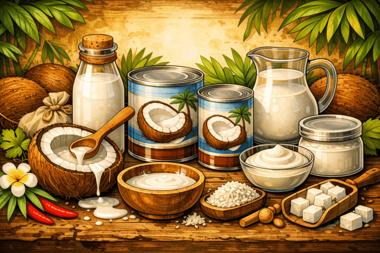 Notre Blog 4 Illustration de lait de coco thaï avec différentes formes comme conserve, noix de coco fraîche et crème de coco
