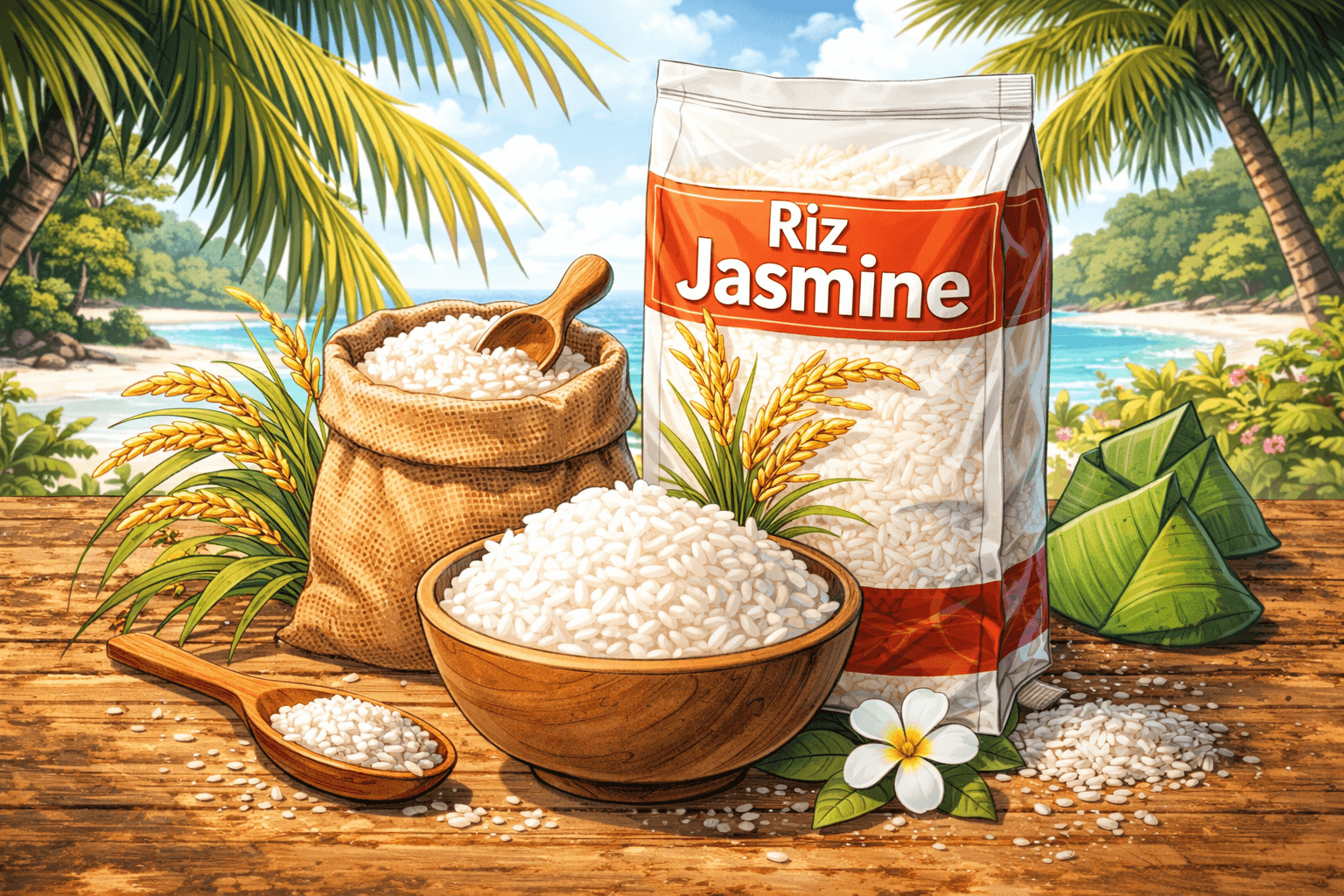 Illustration en format 16:9 dans un style manga représentant du riz jasmin thaïlandais en sac, en bol et en cuillère en bois, posé sur une table rustique avec quelques épis de riz et un décor tropical en arrière-plan.