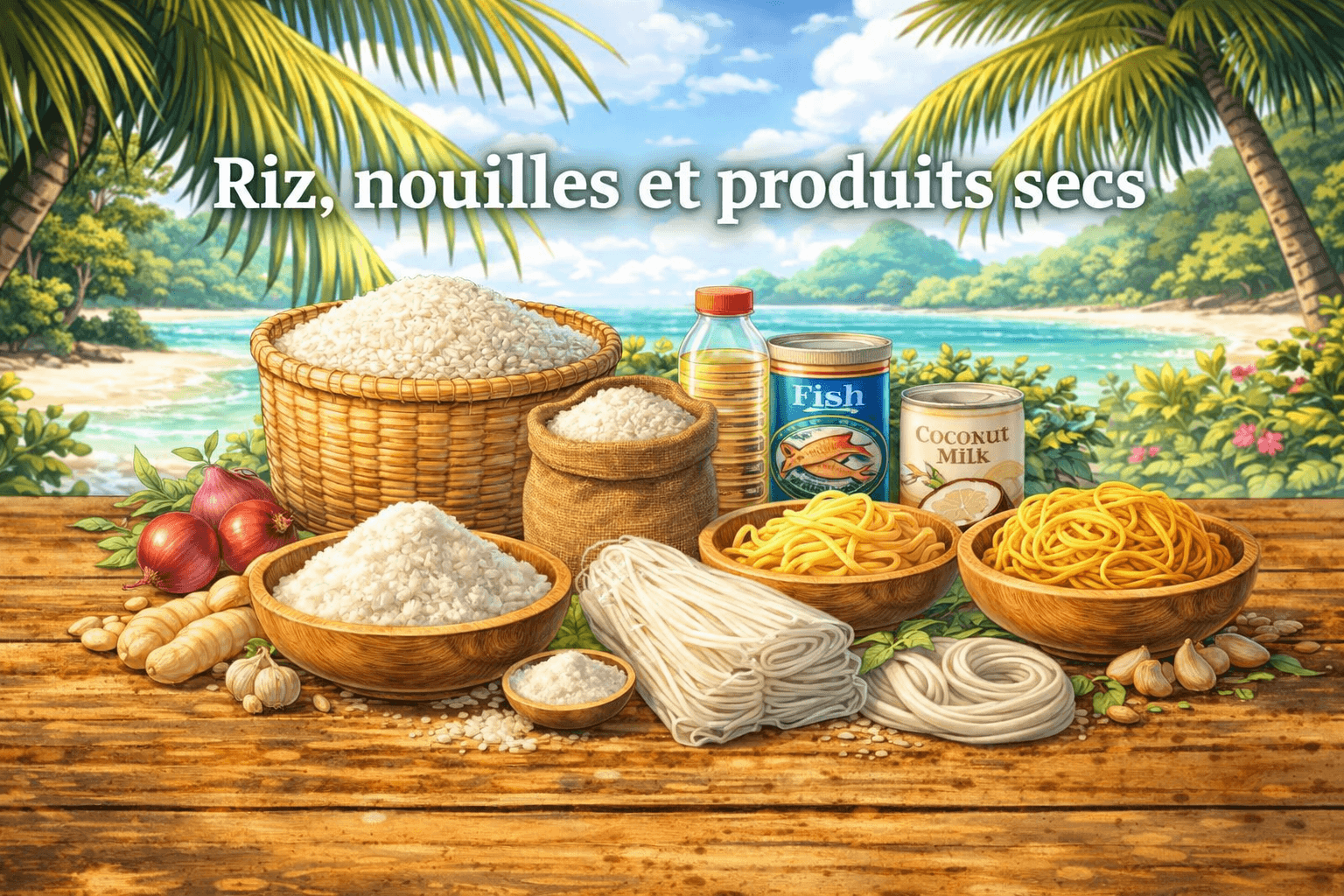 Ingrédients thaïlandais : guide pratique pour bien commencer 15 Illustration en format 16:9 dans un style manga représentant du riz, des nouilles et plusieurs produits secs de la cuisine asiatique, avec le texte « Riz, nouilles et produits secs » affiché sur l’image. On y voit notamment du riz jasmin, des vermicelles, des nouilles de riz, de la farine de riz et divers produits du placard dans une ambiance tropicale.