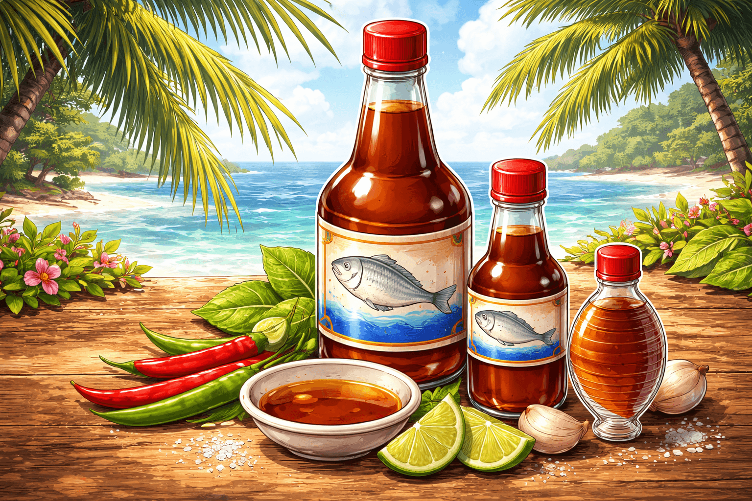 Illustration en format 16:9 dans un style manga représentant plusieurs bouteilles de sauce poisson thaïlandaise posées sur une table en bois, accompagnées de piments, de citron vert, d’ail et d’une coupelle de sauce, avec un décor tropical en arrière-plan.