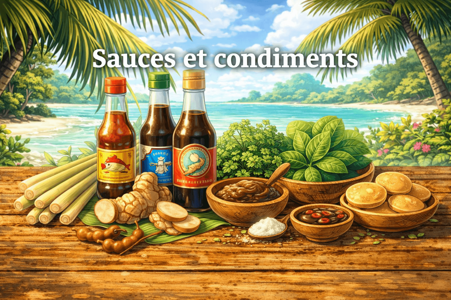 Ingrédients thaïlandais : guide pratique pour bien commencer 13 Illustration en format 16:9 dans un style manga représentant plusieurs sauces et condiments de la cuisine thaï, avec le texte « Sauces et condiments » affiché sur l’image. On y voit notamment de la sauce poisson, de la sauce soja, de la sauce huître, du tamarin et du sucre de palme dans une ambiance tropicale.