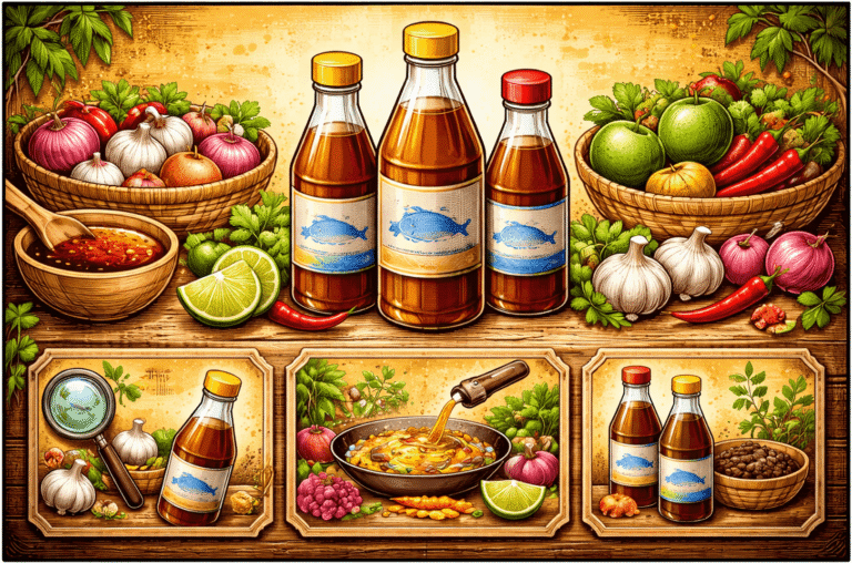 Notre Blog 5 Illustration de sauce poisson thaïe avec bouteilles, citron vert, piment, ail et alternatives en style BD