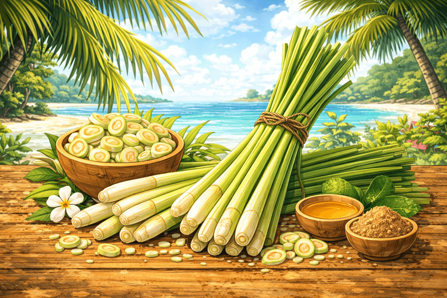 Illustration en format 16:9 dans un style manga représentant de la citronnelle fraîche posée sur une table en bois, avec des tiges entières et coupées, dans une ambiance tropicale inspirée de la cuisine thaïlandaise.