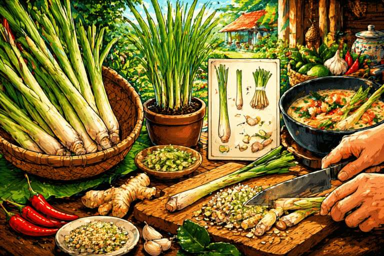 Notre Blog 1 Illustration de citronnelle thaï avec tiges fraîches, préparation et utilisation en cuisine en style BD