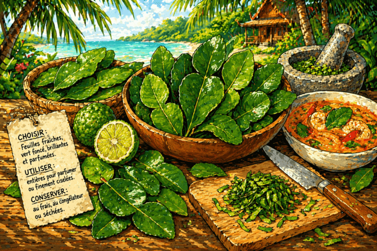 Notre Blog 5 Illustration de feuilles de combava avec citron kaffir, préparation et utilisation en cuisine thaïlandaise en style BD