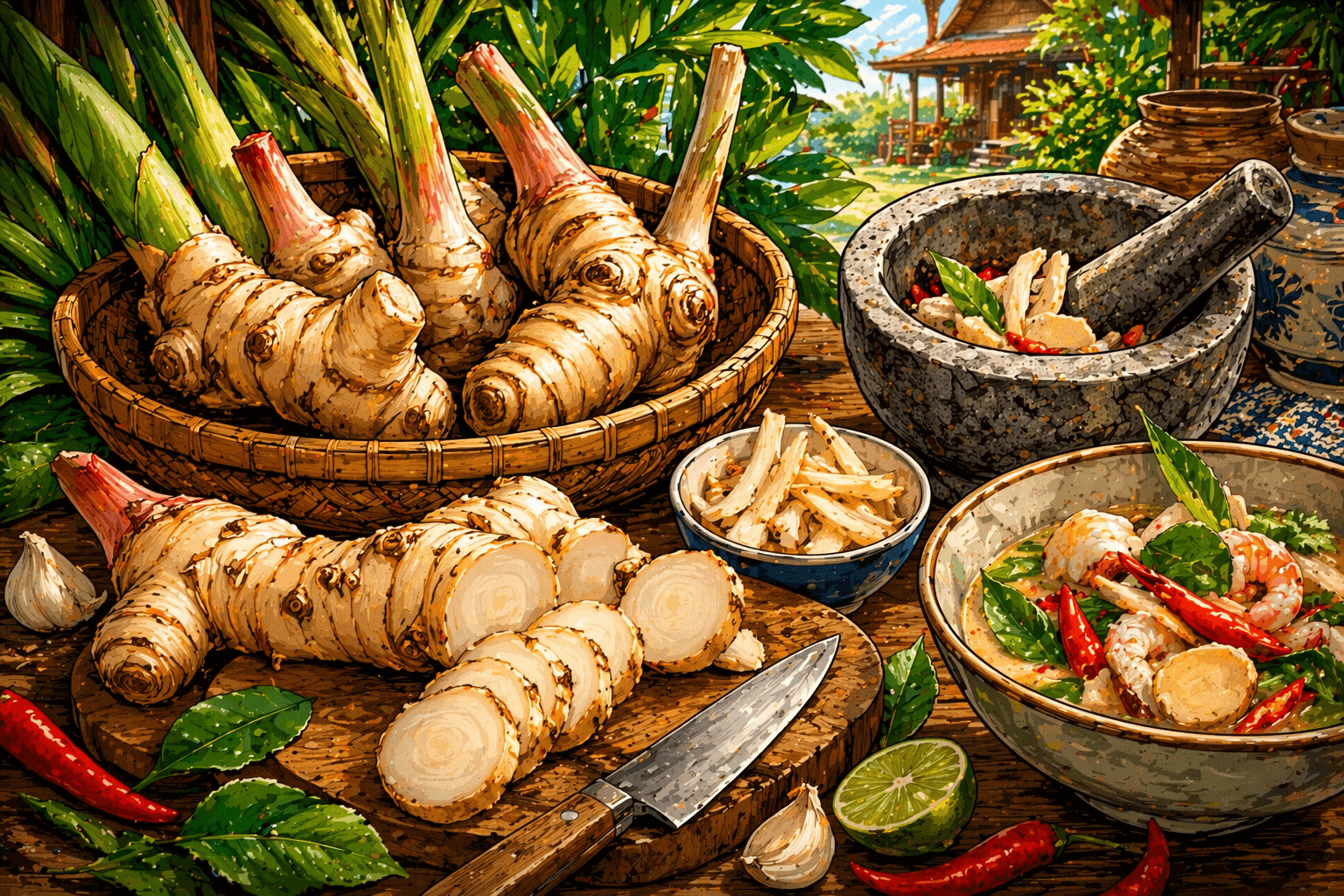 Illustration de galanga frais avec préparation en cuisine thaïlandaise en style BD