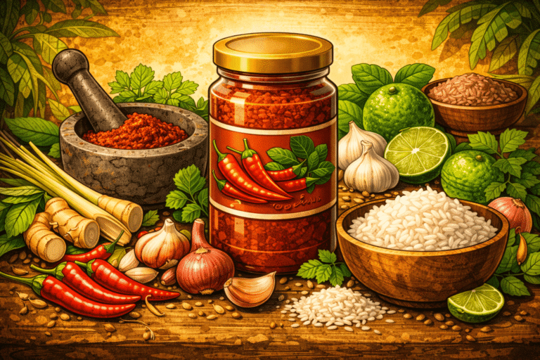 Notre Blog 2 Illustration de pâte de curry rouge thaïe avec piments, citronnelle, ail, galanga et riz en style BD