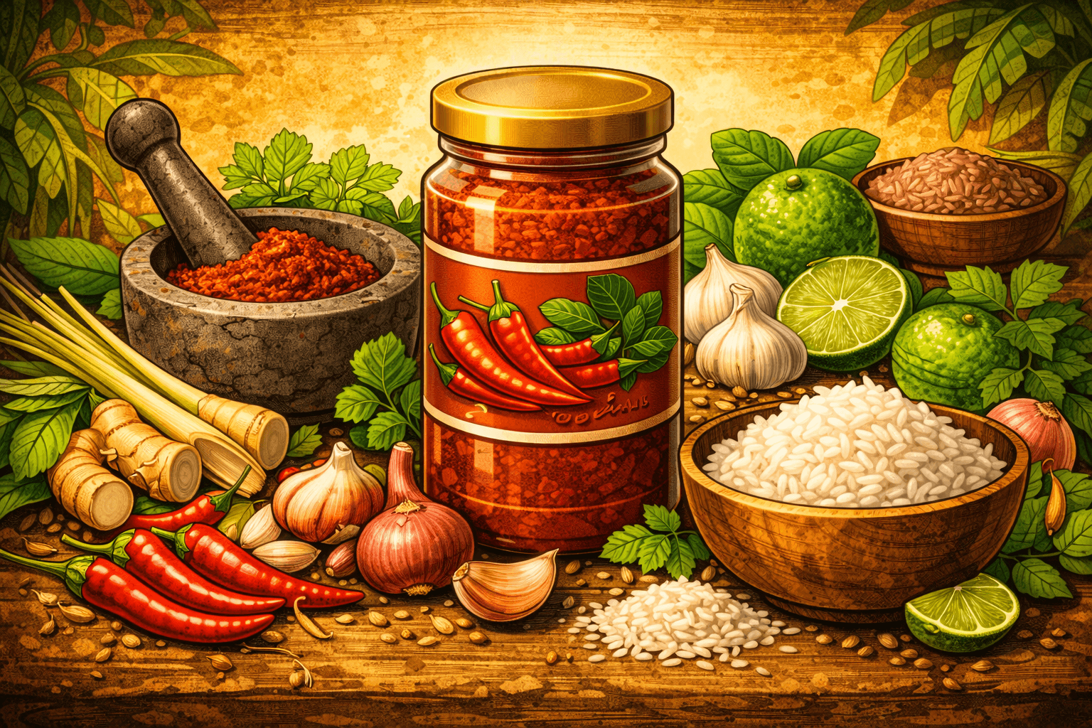 Illustration de pâte de curry rouge thaïe avec piments, citronnelle, ail, galanga et riz en style BD