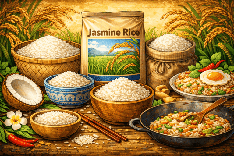 Notre Blog 3 Illustration de riz au jasmin thaï avec riz cru, riz cuit et plat sauté en style BD