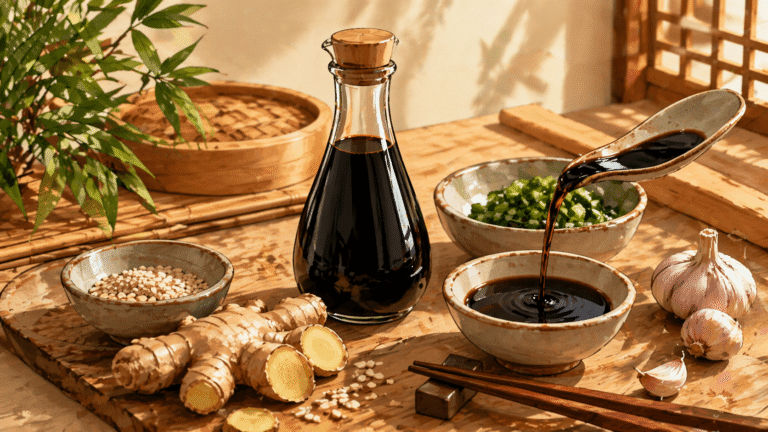Notre Blog 3 Illustration éditoriale autour de la sauce soja avec bouteille, petit bol, baguettes et ingrédients asiatiques