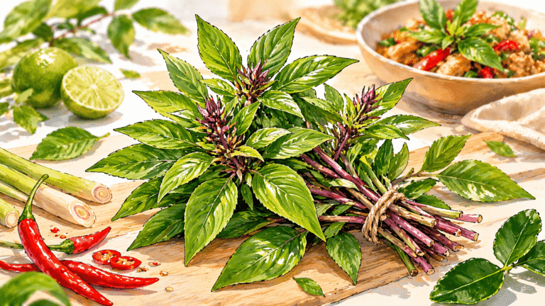 Notre Blog 4 Illustration douce de basilic thaï frais entouré de piments, citronnelle, feuilles de combava et d’un plat thaï