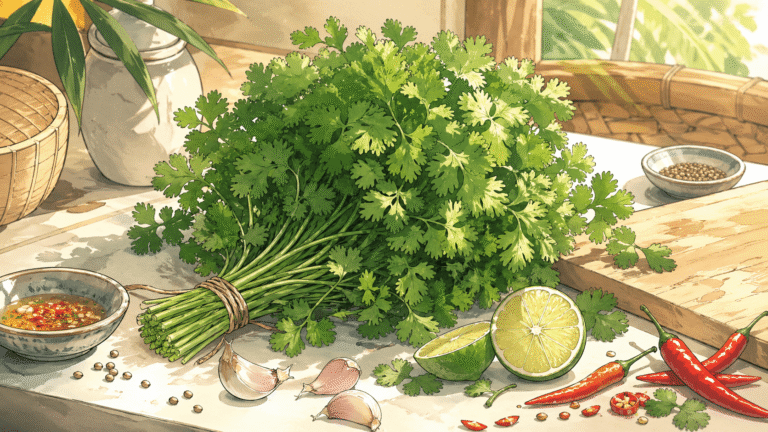 Notre Blog 2 Illustration manga d’un bouquet de coriandre fraîche avec citron vert, piments et ail en cuisine thaïe