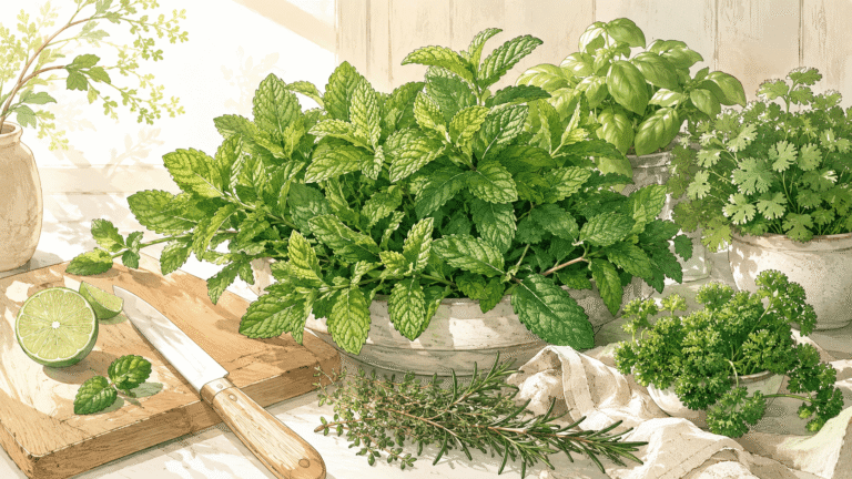 Notre Blog 1 Illustration douce de menthe fraîche avec basilic, coriandre, persil, thym et romarin sur une table de cuisine lumineuse