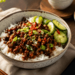 Bœuf haché au gochujang : bols façon coréenne 110 Bol de bœuf haché au gochujang servi avec riz, concombre, cébettes et graines de sésame