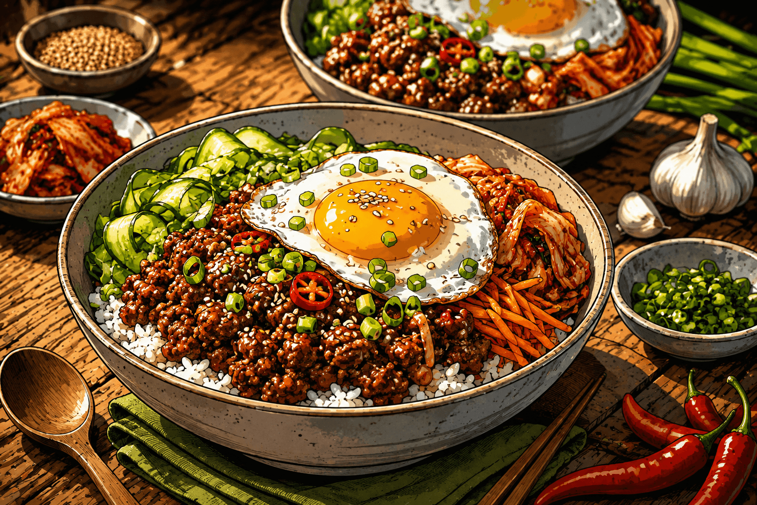 Bol de bœuf haché au gochujang façon coréenne avec riz, œuf, légumes et graines de sésame