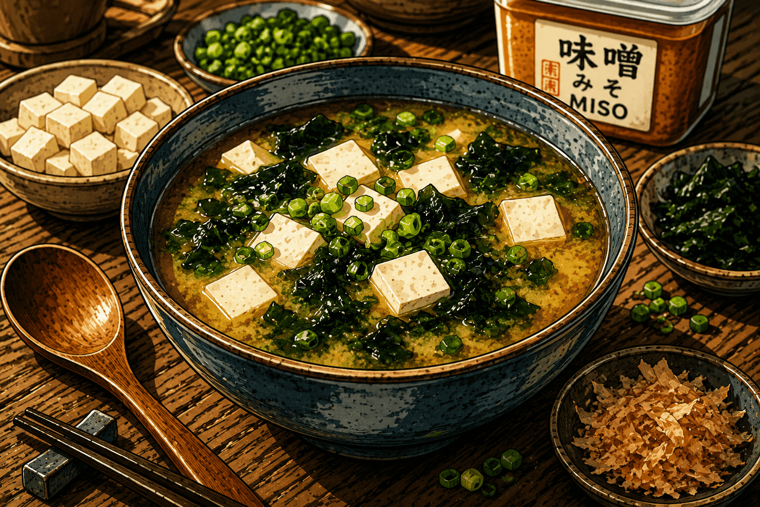 Soupe miso japonaise au tofu et wakame garnie d’oignons verts
