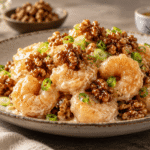 Crevettes aux noix caramélisées : recette facile façon Walnut Shrimp 230 Crevettes aux noix caramélisées nappées d’une sauce crémeuse au miel et garnies de ciboule