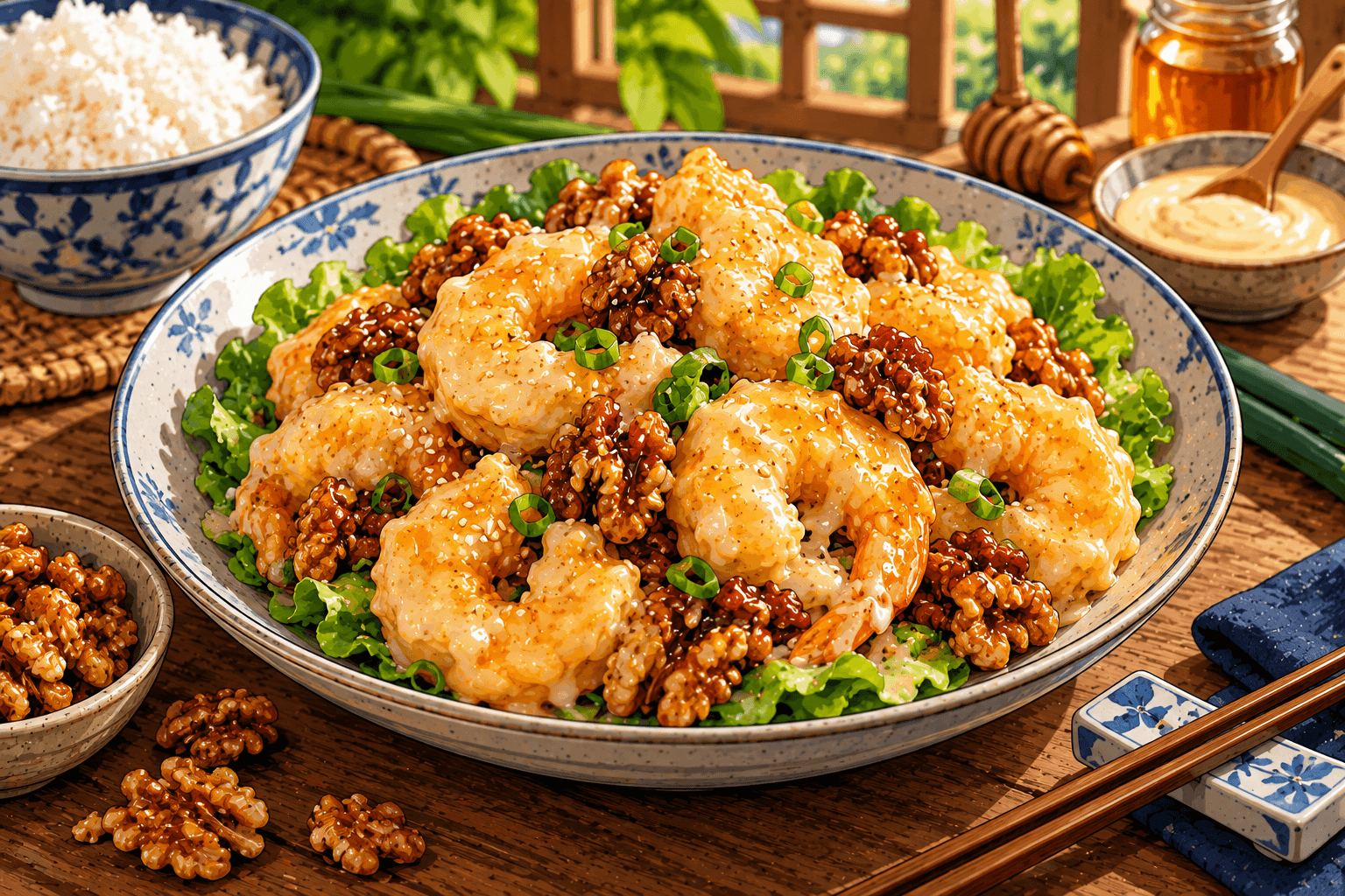 Crevettes aux noix caramélisées façon Walnut Shrimp avec sauce crémeuse au miel