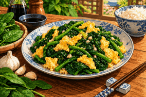 Épinards sautés aux œufs à la chinoise servis avec du riz