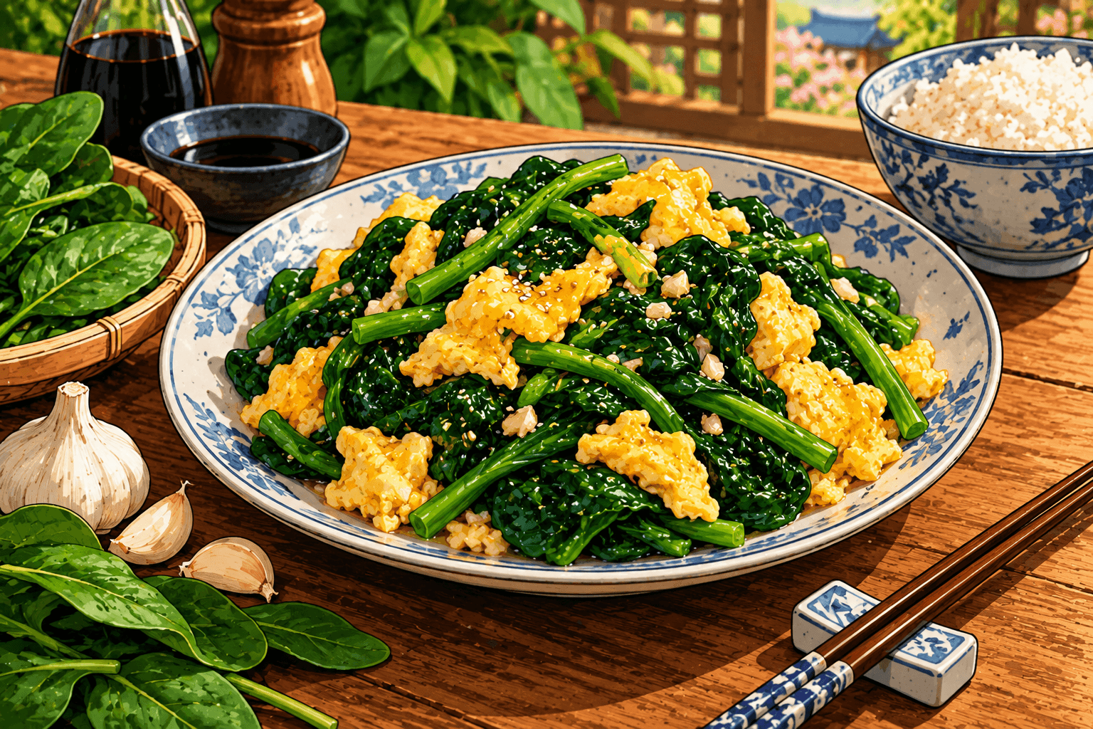 Épinards sautés aux œufs à la chinoise servis avec du riz