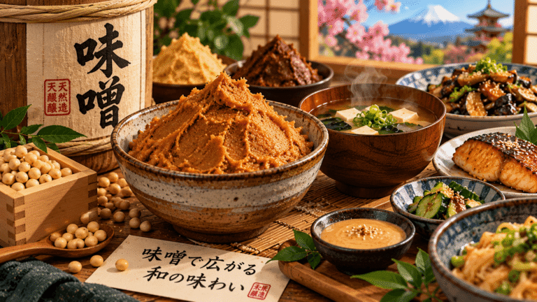 Miso japonais avec pâte miso, soupe, poisson et différentes utilisations en cuisine