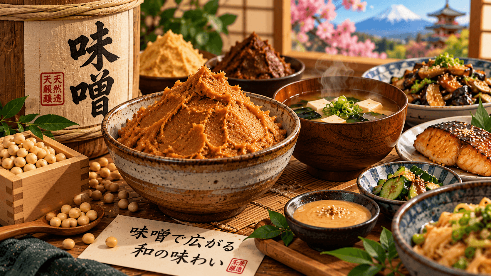 Miso japonais avec pâte miso, soupe, poisson et différentes utilisations en cuisine