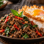 Pad Kra Pao Neua : recette du bœuf thaï au basilic sacré 185 Pad Kra Pao Neua au bœuf, basilic sacré, riz au jasmin et œuf croustillant
