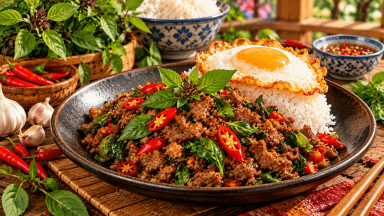 Home 13 Pad Kra Pao Neua, bœuf thaï sauté au basilic sacré avec riz jasmin et œuf au plat