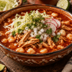 Pozole rouge au poulet (Pozole Rojo de Pollo) : recette mexicaine 215 Bol de pozole rouge au poulet garni de chou émincé, radis, coriandre, oignon blanc et citron vert