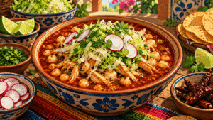 Pozole rouge au poulet mexicain avec maïs hominy, radis, chou, coriandre et citron vert