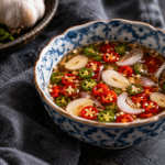 Prik Nam Pla : la sauce thaïlandaise au piment et à la sauce poisson 80 Bol de Prik Nam Pla avec sauce poisson, piments rouges et verts, ail et échalote