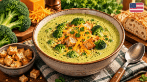 Soupe crémeuse de brocoli au cheddar avec croûtons