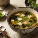 Soupe miso japonaise : recette facile au tofu et wakame 80 Bol de soupe miso japonaise avec tofu, wakame et cébette sur une table en bois claire.