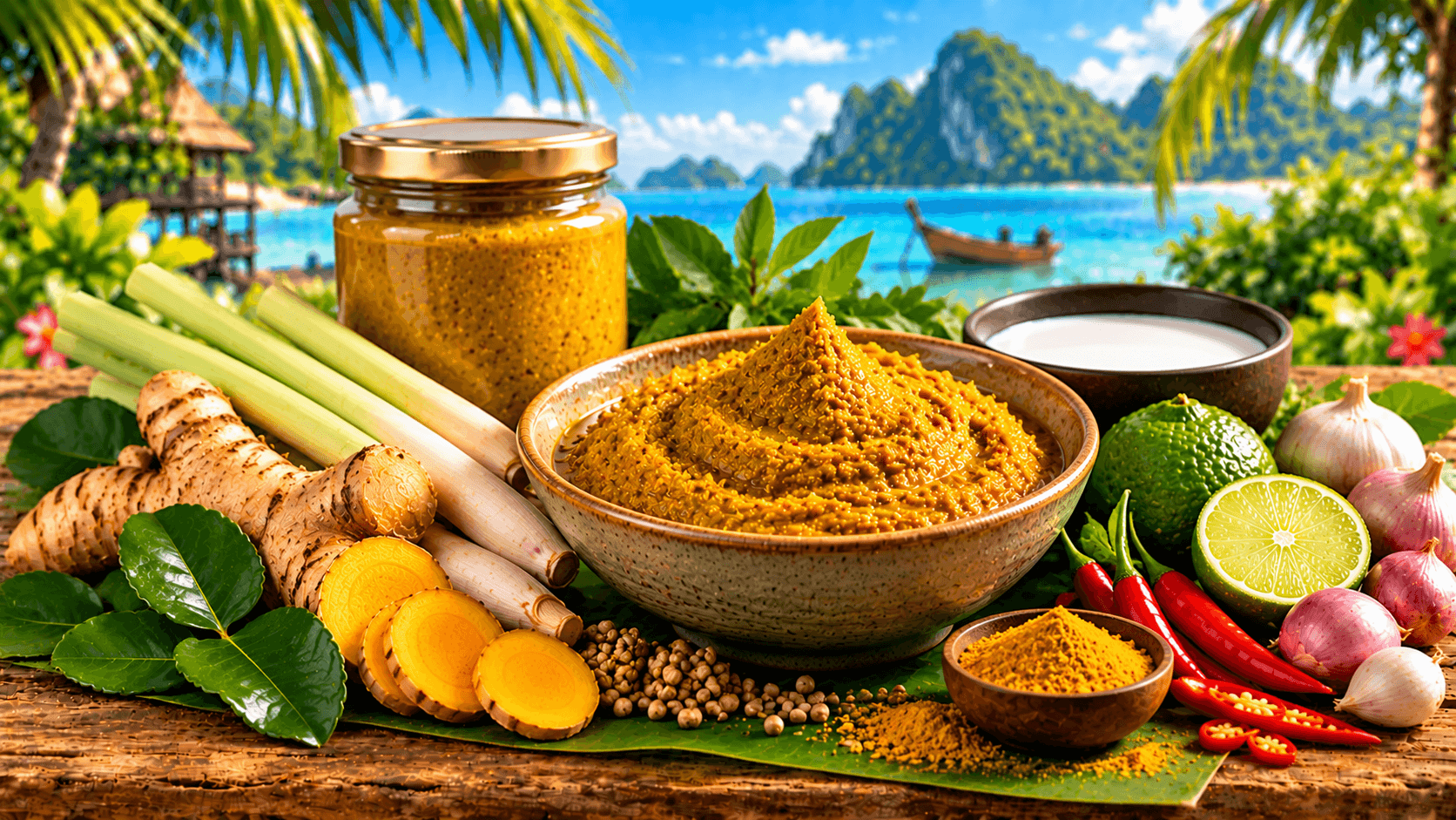Sauces & curry thaïs : guide complet pour choisir et cuisiner 13 Pâte de curry jaune thaï avec curcuma, citronnelle, galanga, piments et lait de coco