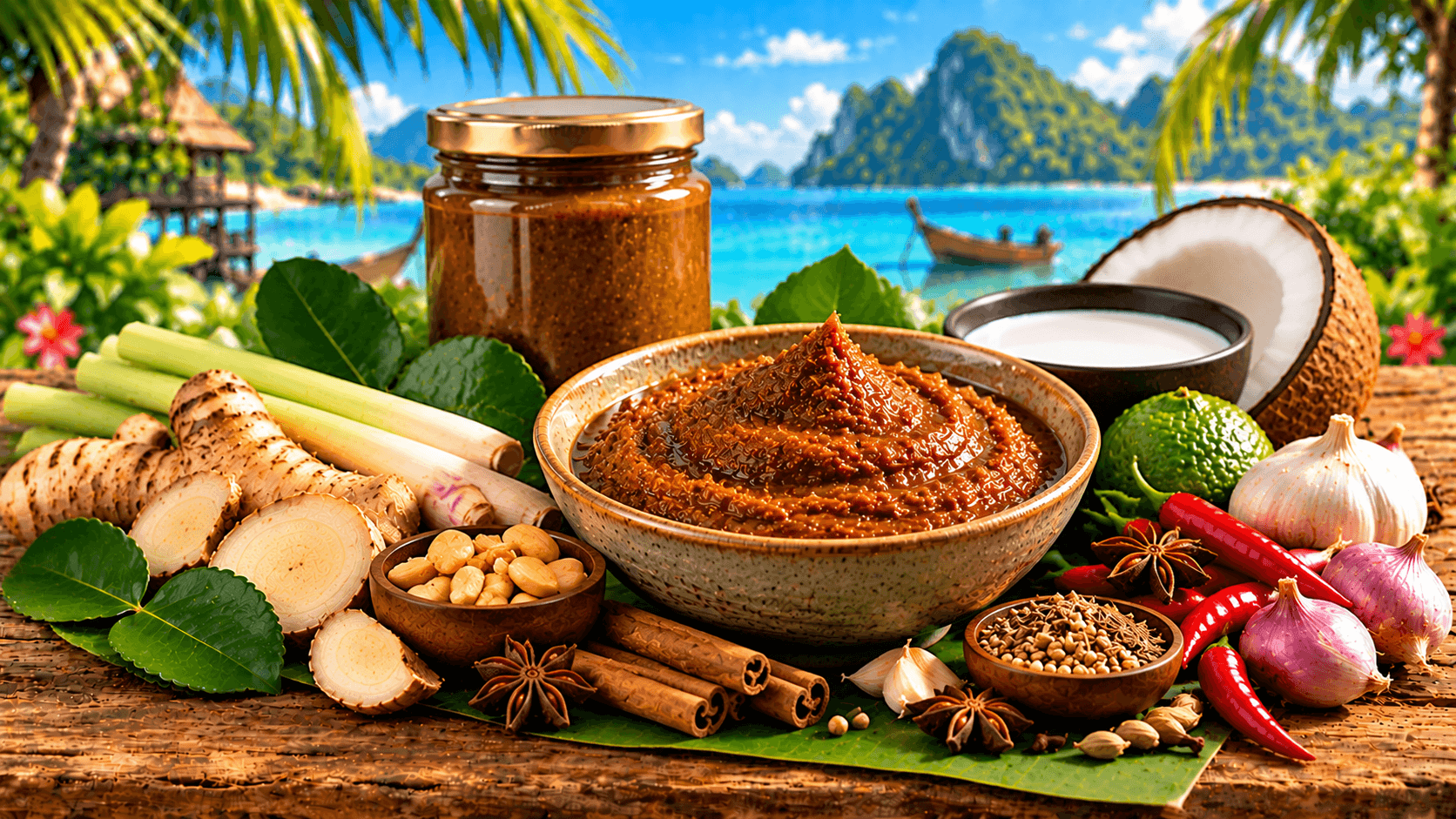 Sauces & curry thaïs : guide complet pour choisir et cuisiner 14 Pâte de curry Massaman thaï avec citronnelle, galanga, cacahuètes, cannelle et anis étoilé
