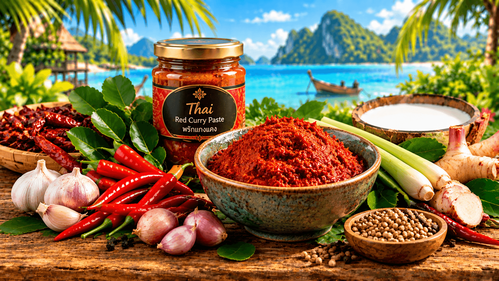 Sauces & curry thaïs : guide complet pour choisir et cuisiner 11 Pâte de curry rouge thaï entourée de piments, citronnelle, galanga, ail et feuilles de combava