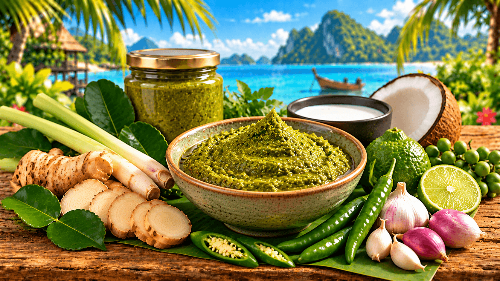 Sauces & curry thaïs : guide complet pour choisir et cuisiner 12 Pâte de curry vert thaï avec piments verts, citronnelle, galanga, combava et lait de coco