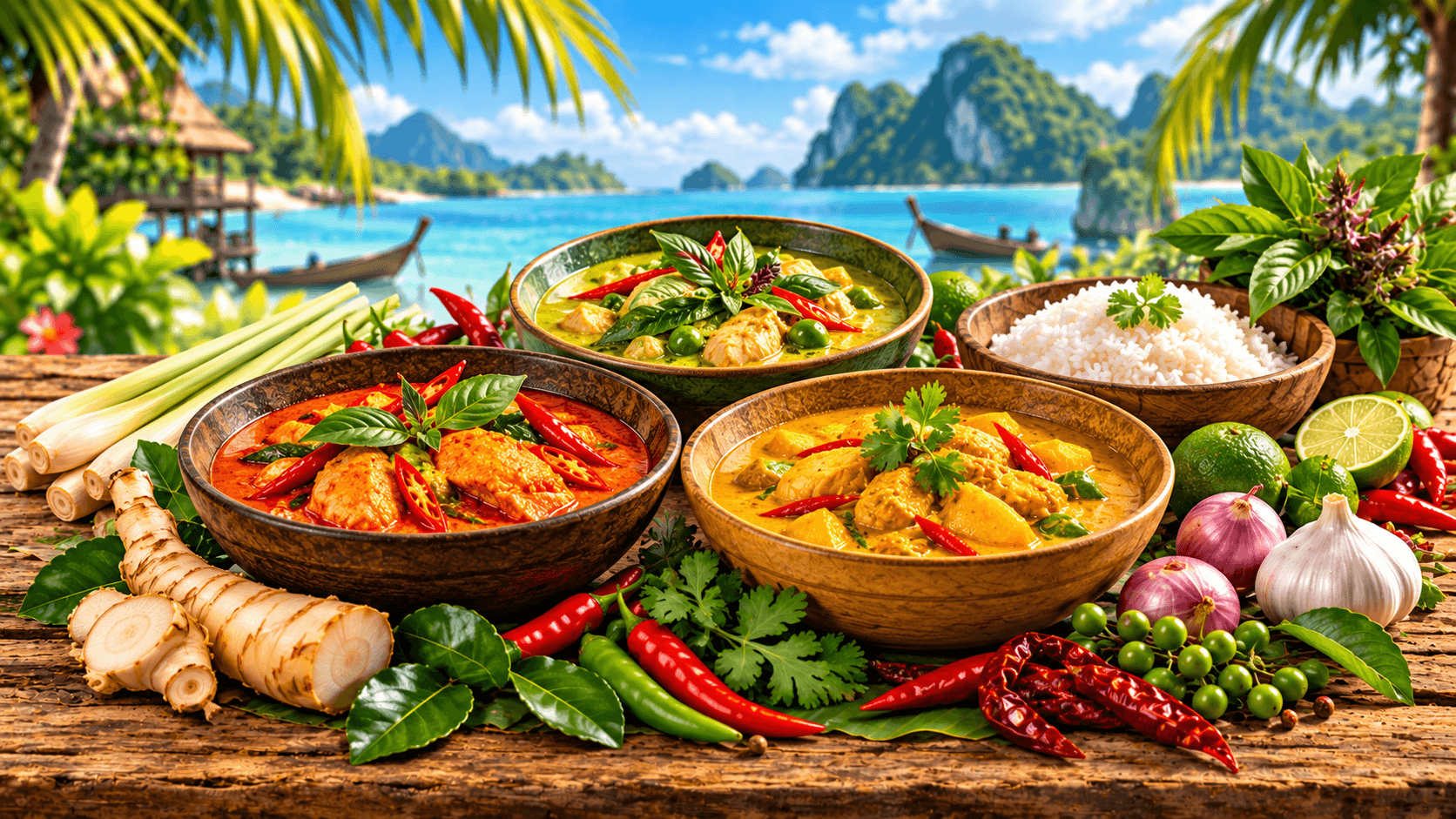 Sauces & curry thaïs : guide complet pour choisir et cuisiner 4 Currys thaïs rouge, vert et jaune servis avec riz, piments, citronnelle et herbes fraîches